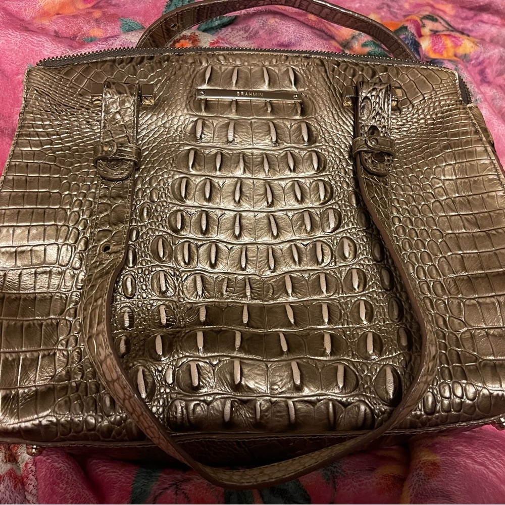 Brahmin Double Handle Metallic Beige Leather Used Handbag